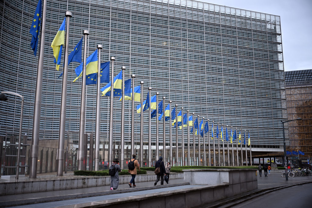 Ukrainian flags are hung on European Commission headquarters